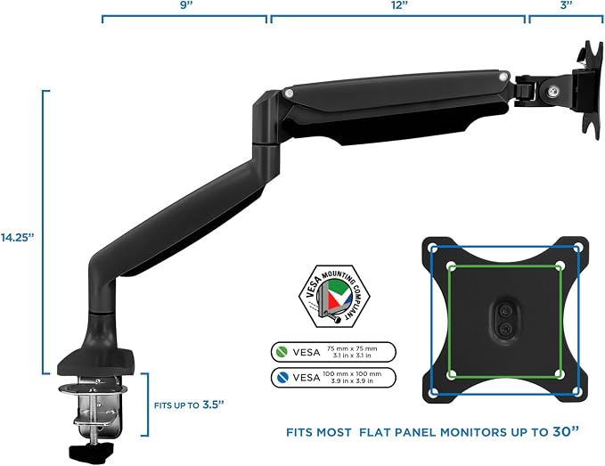 Mount-It! Single Monitor Arm Desk Mount with Gas Spring, Height Adjustable Monitor Stand for 13–32 Inch Screens up to 20 lbs, VESA 75x75 & 100x100, C-Clamp & Grommet, Sit-Stand Desk Compatible - Image 7