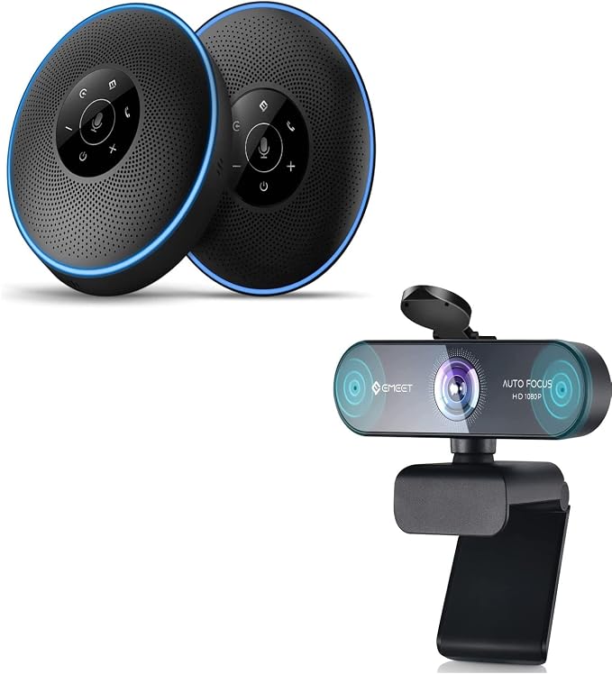 EMEET Bluetooth Speakerphone -Daisy Chain/Use Alone up to 16 attendees, M220 Professional Wireless Speakerphone &HD Webcam 1080P, USB Webcam with Privacy Cover & 2 Noise by EMEET