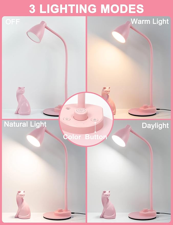 BOHON Cute Desk Lamp with USB Charging Port, 3 Color Modes Dimmable, Pink | Pink Lamp LED Reading Lamp, Flexible Neck Auto Dimming Table Task Light for Home Office Dorm Bedside - Image 2