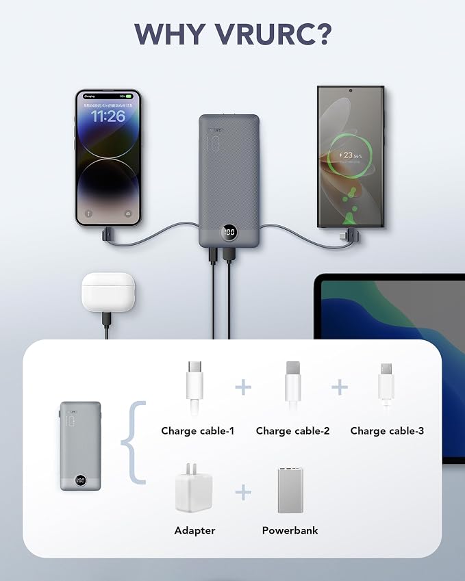VRURC Portable Charger Built-in Cables and AC Wall Plug, USB C Power Bank 10000mAh, Travel Battery Portable Phone Charger Compact Lightweight External Battery Pack for Smart Phones, Tablets etc-Grey - Image 5