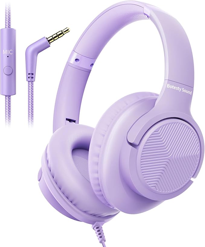 Botesty Sound Headphones Wired with Microphone, Over Ear Foldable 3.5mm Plug in Headphones with 4.9ft Tangle-Free Nylon Cord for Tablet, Laptop, MP3/4, School, Airplane Travel (Purple) by BotestySound