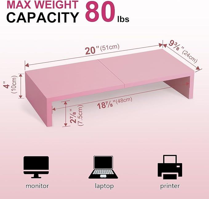 TEAMIX 2 Pack Pink Monitor Riser-20L inch, Cute Monitor Stand for Desk, Wood Sturdy TV/Screen/PC/Printer/Laptop Riser, Computer Shelf with Storage Desktop Organizer for Home Office - Image 4