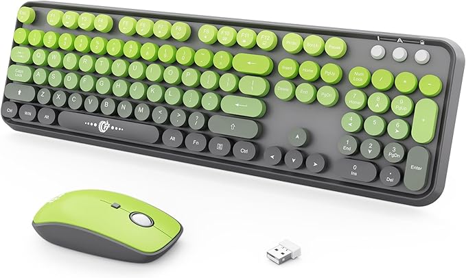 Wireless Keyboard and Mouse Combo, 104 Round Keys Cute Colorful Keyboard and Mouse with Retro Typewriter for PC Mac Laptop Tablet Computer Windows Gray Green by TT-FOPETT