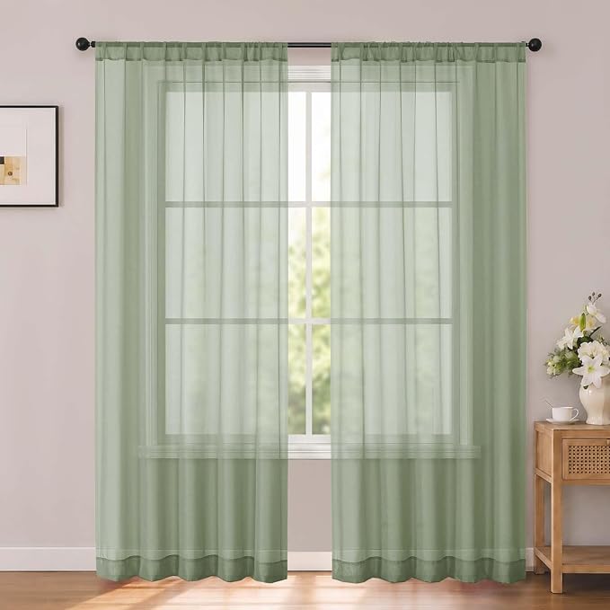 Sage Green Sheer Curtains 84 Inches Long 2 Panels 52" W for Bedroom | Sheer White Curtains for Living Room, Elegant Airy Light Filtering Window Treatments, Rod Pocket, Each Panel 52" W x 84" L by OWENIE