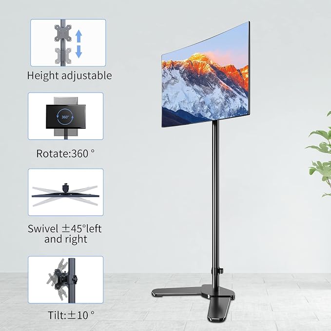Pholiten Single Tall Monitor Mount with 47 inch Pole,Floor Computer Stand | Extra Long Free-Standing Monitor Mount, Support 13 to 27 inch Screen, 22lbs - Image 6
