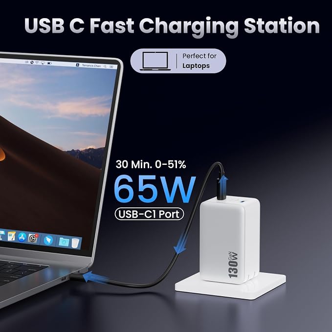 130W USB C Wall Charger,GaN III 3-Port Fast Charging Station,PD QC Foldable Charger Block Portable 65W USB C Laptop Adapter for MacBook Pro/Air,iPad Pro,Galaxy S23,Dell XPS 13,iPhone 16 - Image 4