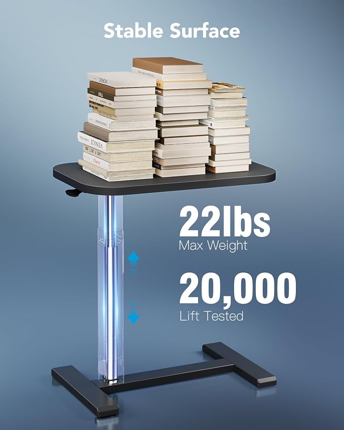 HUANUO 32Inch Bedside Table with Wheels, Height-Adjustable Rolling Computer Cart, Overbed Table with Cup Holder, Pneumatic Laptop Standing Desk for Home Office, Black - Image 5