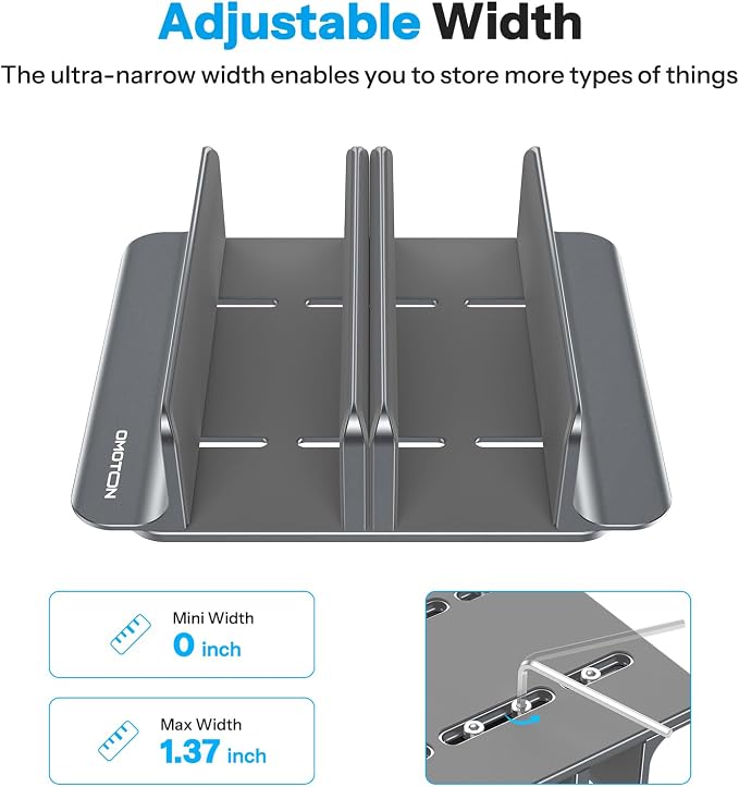 OMOTON 3-Slot Multiple Vertical Laptop Stand, Fits All MacBook, Grey | Adjustable Width 0-1.38", Aluminum Office Space-Saving for Desk, Fits MacBook/Book/iPad Up to 17.3in - Image 2