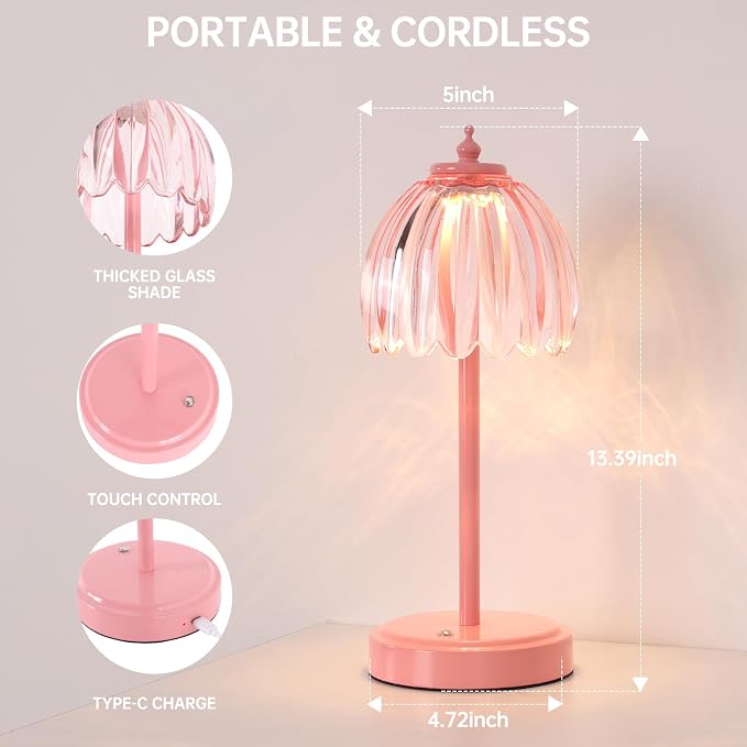 Shenmoyl Rechargeable Table Lamp with 5200mAh Battery & Touch Control - 3 Adjustable Color Temperatures, Cordless Dimmable Table Light for Bedroom, Office Desk, Nightstand (Clear Pink,Pink Base) - Image 6