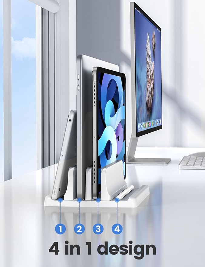 Vaydeer Vertical Laptop Stand for Desk, Dual Slots Plastic Laptop Holder Organizer with Space Saving 4-in-1 Design, Adjustable Laptop Stand Storage Supports MacBook, Chromebook, Surface, Dell (White) - Image 2