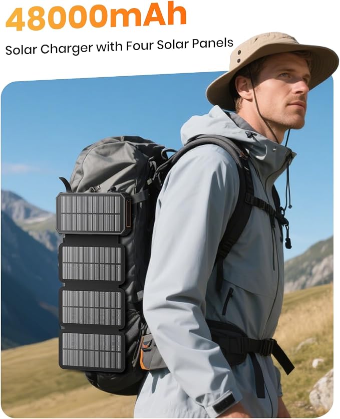 SOARAISE Solar Power Bank 48000mAh Wireless Portable Charger with 4 Cables | Solar Charger with 4 Solar Panels, 48000mAh High Capacity, PD QC 3.0 Fast Charging Battery Pack, Flashlights for Camping - Image 6