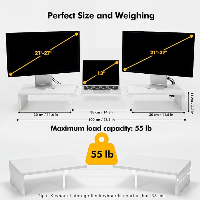 Dual Monitor Riser, Acrylic Monitor Riser with Keyboard Storage, Adjustable Angle & Length Computer Monitor Stand, Wide Desk Shelf for Top of Desk for Home Office_White Maple Look - Image 3