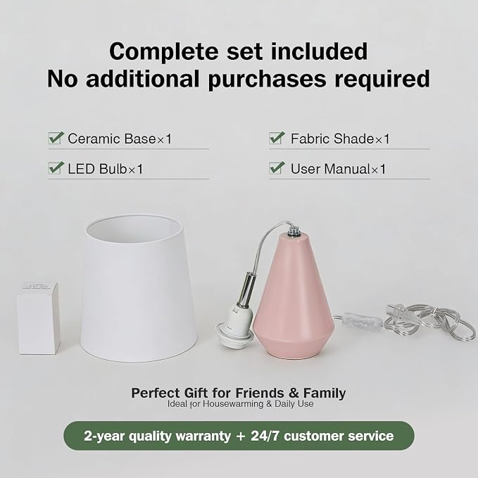 Small Bedside Table Lamp for Bedroom-Reading Desk Lamp Set of 2,with 3 Color Temperatures,15.5" Nightstand Ceramic Lamp with Fabric Shade for Kids Room,Living Room,Dorm,Home Office(Pink+White) - Image 8