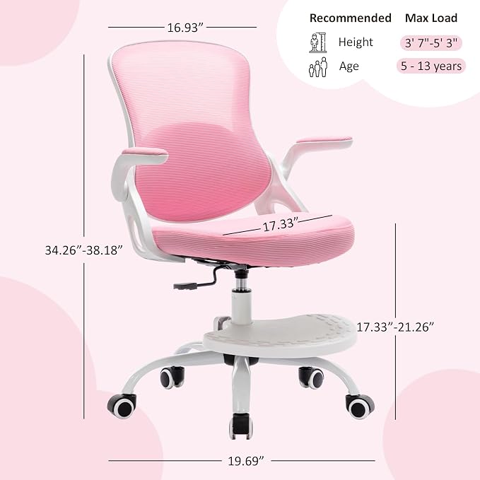 Kids Desk Chair,Ergonomic Study Chair with Adjustable Height,Swivel Mesh Desk Chair with Wheels,Home Office Chair for Children in Home Bedroom Pink - Image 2