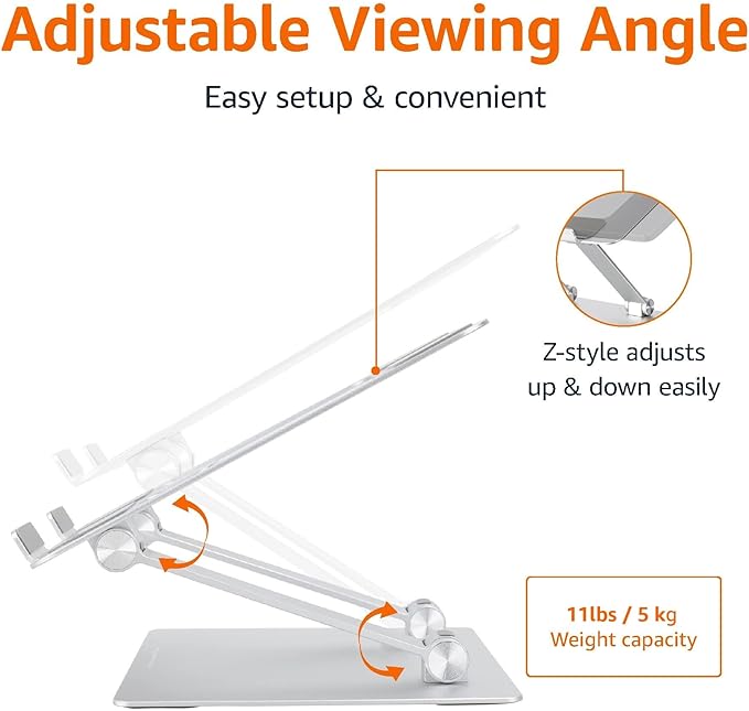 Amazon Basics Sturdy and Portable Ergonomic Laptop Stand for Desk, Height Adjustable Riser with Ventilated Cooling, Foldable, Fits all Laptops up to 15.6 Inch, Silver - Image 3