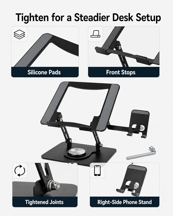 2-in-1 Laptop Stand with Phone Holder, 360° Swivel Laptop Riser for Desk | Fits 10-16 Inch Laptops, Height and Angle Adjustment, Carbon Steel Frame, Silicone Contact Pads, Fold-Flat Storage, 1 Pack - Image 5