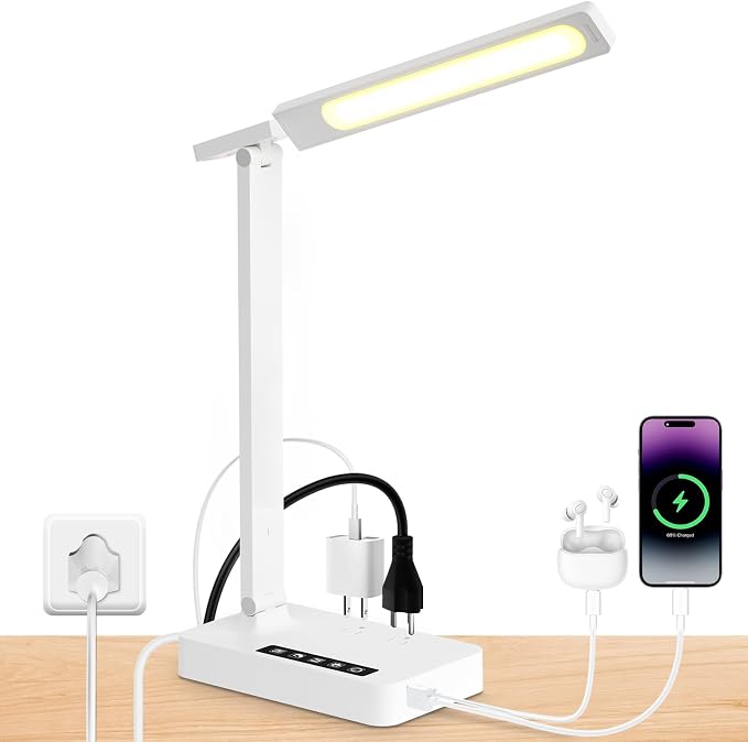 Infiway LED Desk Lamps for Home Office: Desk Lamp with USB Charging Port - 1 USB-A, 1 Type-C Ports, 2 AC Power Outlets, Touch Control Dimmable 5 Color 5 Brightness, Night Light(White) by INFIWAY