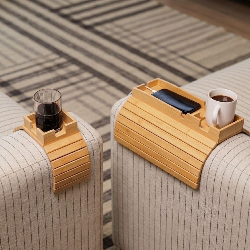 Bamboo Couch Armrest Table, Sofa Arm Tray, Cup Holder & Snack Tray - Image 8