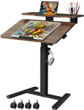 28" Mobile Standing Desk, Tiltable Top with 2-Tier Shelves, Walnut | Pneumatic Rolling Desk, Adjustable Height Computer Workstation, Sit Stand Portable Drafting Table & Laptop Cart on Wheels by LiftSync