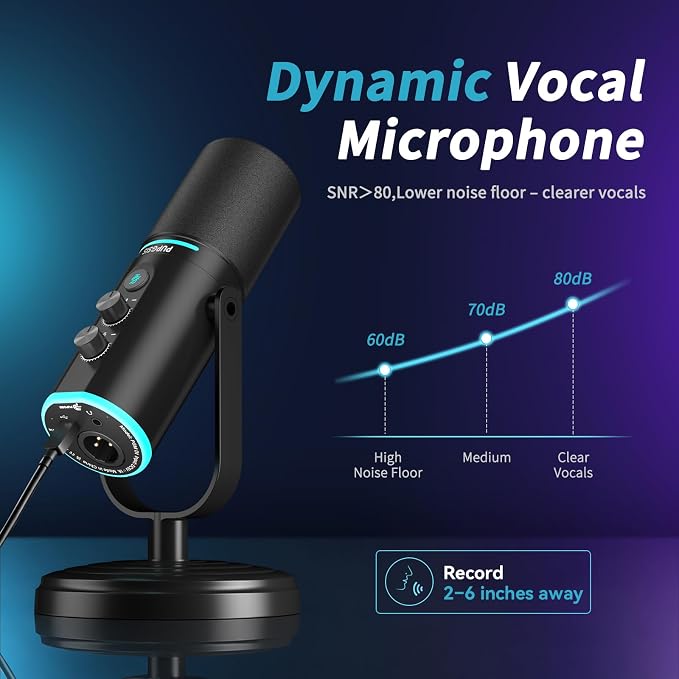 PUPGSIS Podcast Dynamic Microphone, XLR/USB Recording PC Microphones for Broadcast, Podcast, Recording, Gaming & Streaming, Studio Mic with Mute, Headphone Jack, Monitoring Volume Control, Windscreen - Image 3