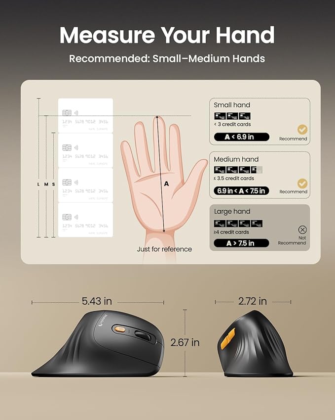 ProtoArc EM11 NL Wireless Ergonomic Vertical Mouse, Rechargeable, Black | 58° vertical design supports a natural wrist posture, connect 3 devices via Bluetooth/2.4G USB-A, 500mAh USB-C rechargeable. - Image 6