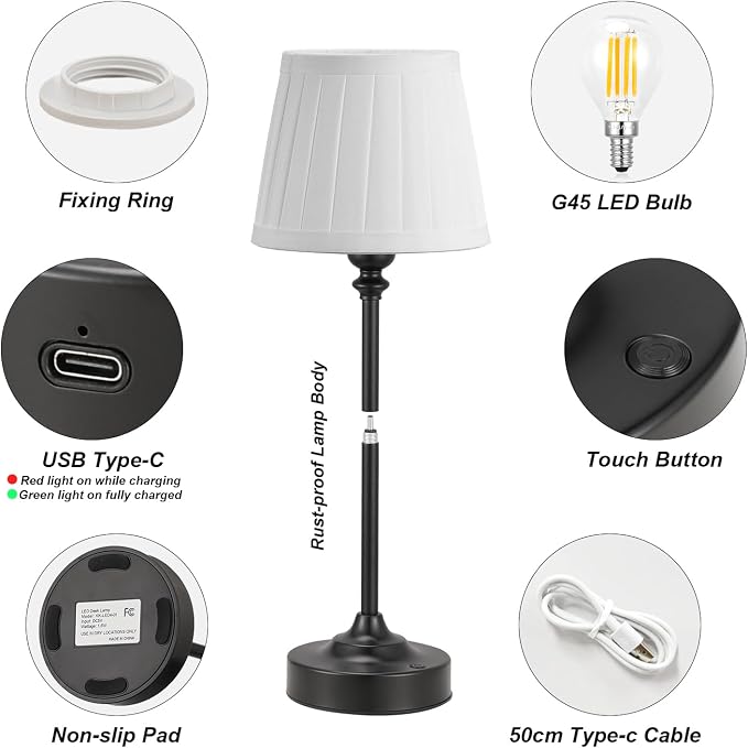 Cordless Table Lamps Rechargeable Set - 2 Pack Black 4000mAH Battery Operated Lamps for Decor, 3000K Stepless Dimming Touch Control Wireless Lamps for Bedroom, Dining Table, Living Room, White Shade - Image 3