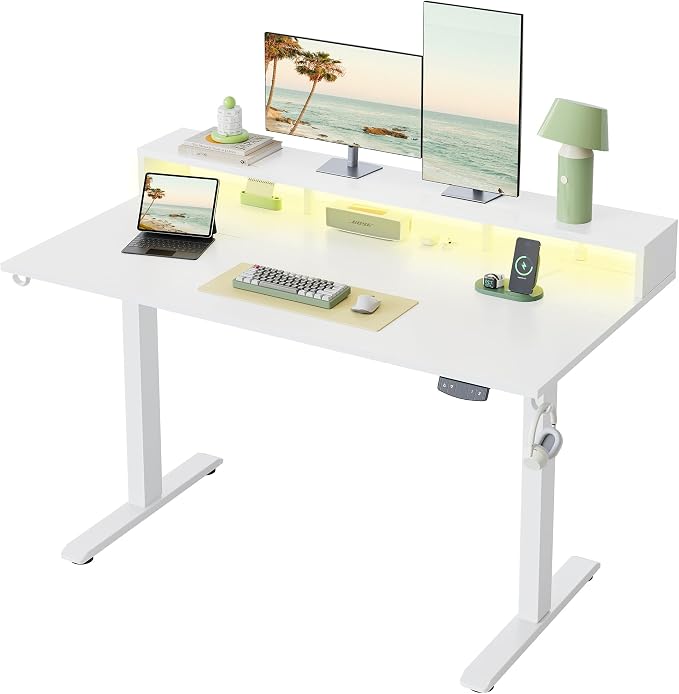 Klicelor Electric Standing Desk with Shelf, 55 Inch Height Adjustable Desk with Power Outlets & LED, Sit Stand Up Table with Monitor Stand, Computer Workstation for Home Office, White by Unknown
