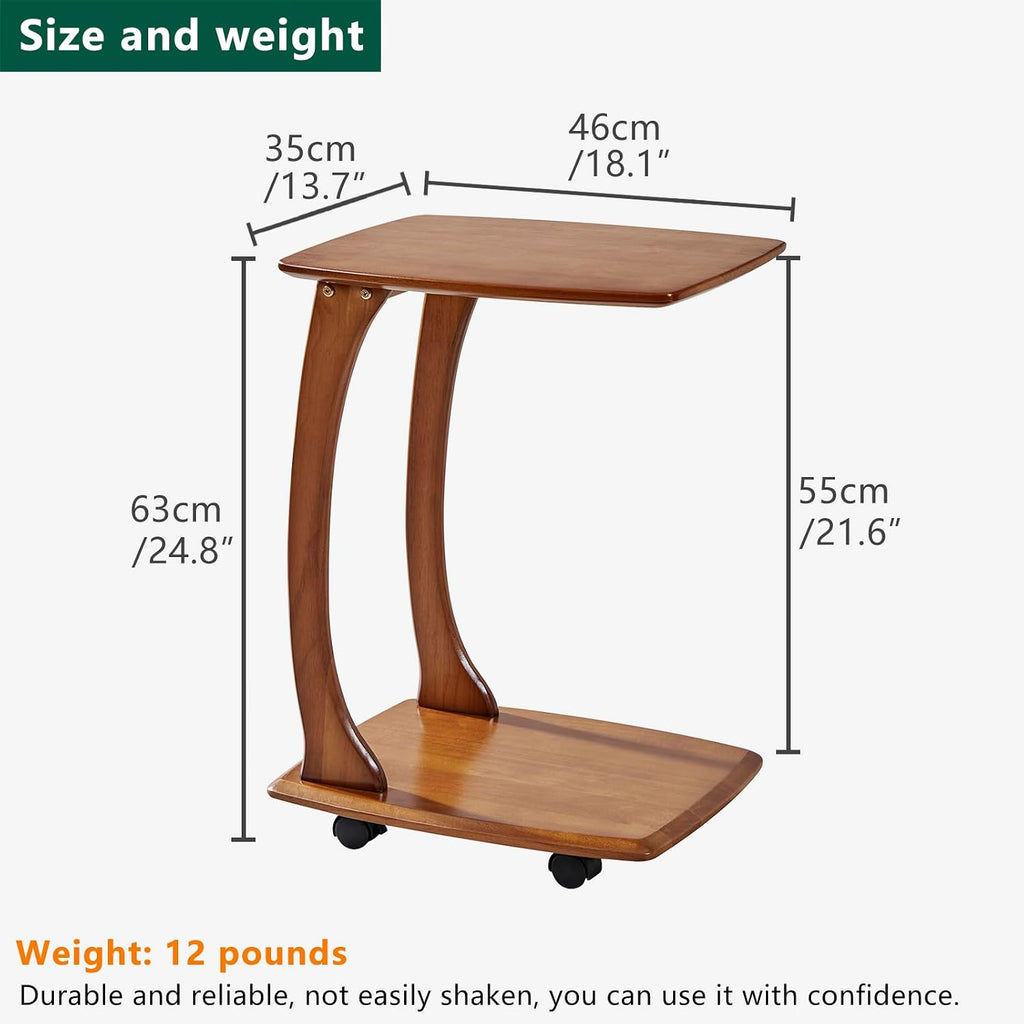 Solid Wood C Shaped End Table with Wheels,Walnut Color(13.7"W) - Image 2
