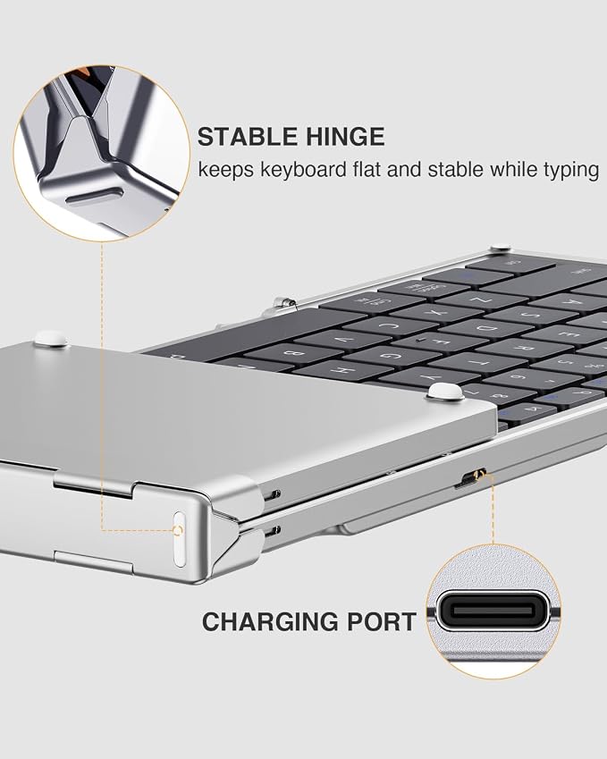 ProtoArc XK01 Full-Size Foldable Bluetooth Keyboard for Travel, Silver | 105 keys, number pad, 0.65in keycaps, 3-device Bluetooth 5.1 switching, USB-C charging, for laptop tablet phone - Image 8