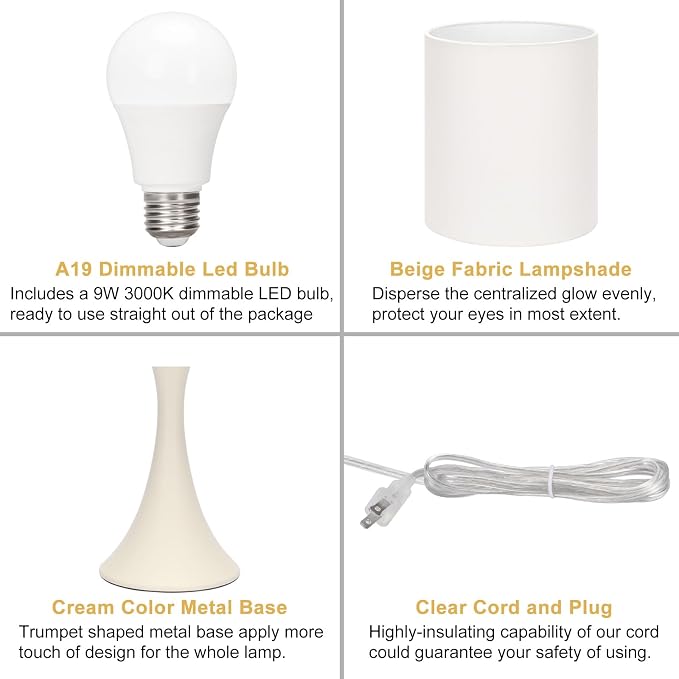 Dimmable Table Lamp, 3 Way Touch Control Desk Lamp, Small Bedside Light | Nightstand Lamp with Beige Shade and Cream Base, Reading Lamp for Living Room, Bedroom, Dorm, Office, 3000K LED Bulb Included - Image 7