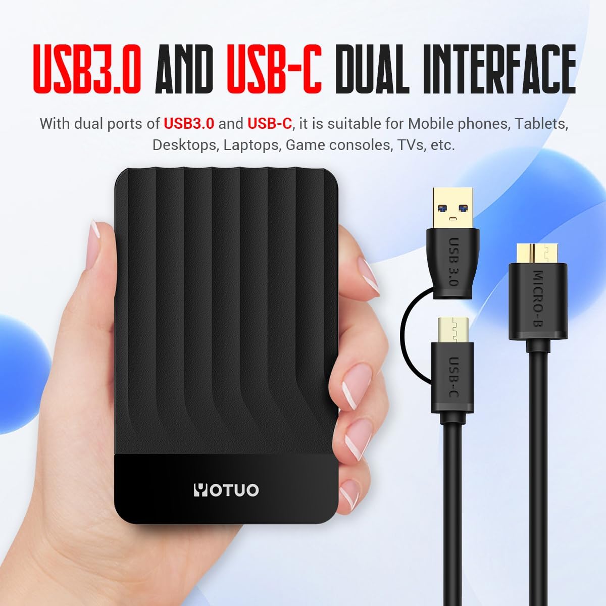 YOTUO 320GB External Hard Drive, Portable Storage Expansion HDD, USB 3.0 & USB-C for PC, Mac, Desktop, Laptop, Smartphone, PS4, Xbox One, Xbox 360, Office & Game, Black - Image 2