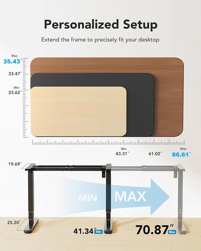 HUANUO 3-Stage Standing Desk Frame with Double Crossbeam,Black Frame Only | 23.6"-49.2" height range,Brushless Motor,220 lbs Capacity,Fits Max 35.4″ x 86.6″ Tops,4 Memory Heights,40% Thicker Legs - Image 6
