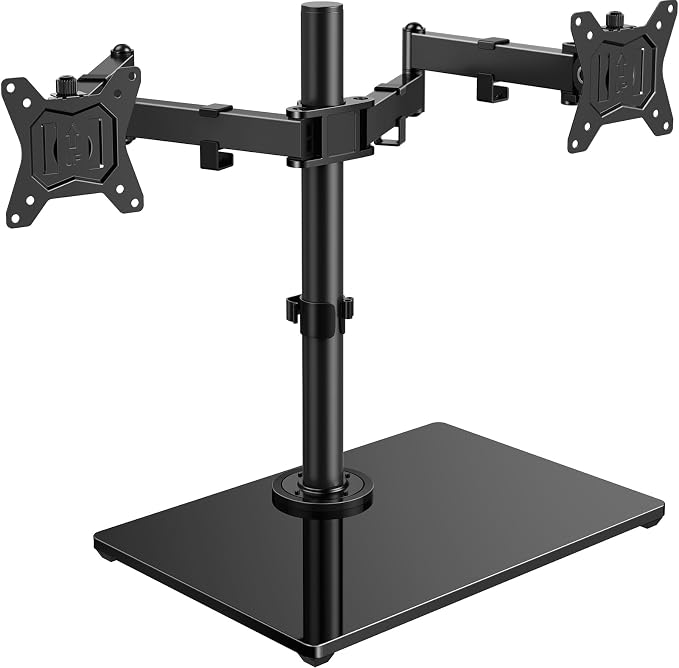 HUANUO Free Standing Dual Monitor Stand for 13-32 Inch Monitors, Glass Base | Free Standing Base, Two Setup Options, Adjustable Dual Arms, 22 lbs per Arm, VESA 75x75/100x100mm, Easy Portrait Rotation by HUANUO