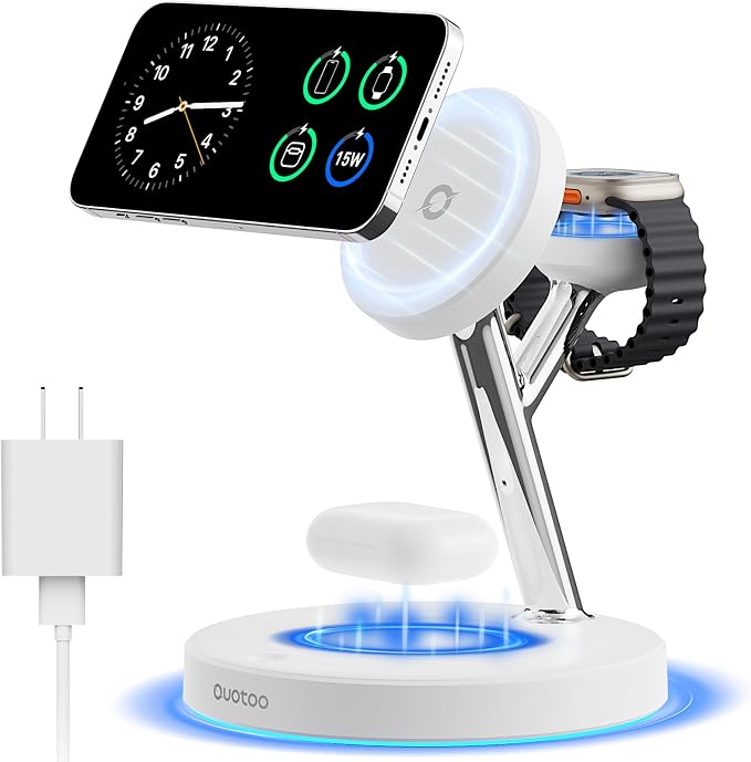 3 in 1 MagSafe Wireless Charger Stand for iPhone Apple Watch AirPods | Adjustable Blue Ambient Light,15W Magnetic Charging Station for iPhone 17 16 15 14 13 12 Series Wireless Charging Station by Ouotoo