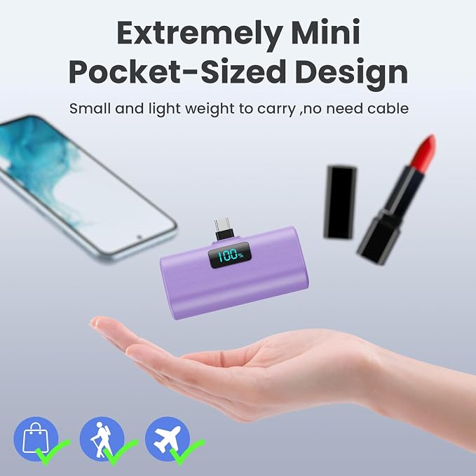 [2-Pack]Portable Charger for iPhone 16/15 Series,5200mAh PD USB C Power Bank Built-in USB-C Connector,Battery Pack Compatible with iPhone 16/16 Plus/16 Pro/16 Pro Max/15 Series,Android (Pink+Purple) - Image 3