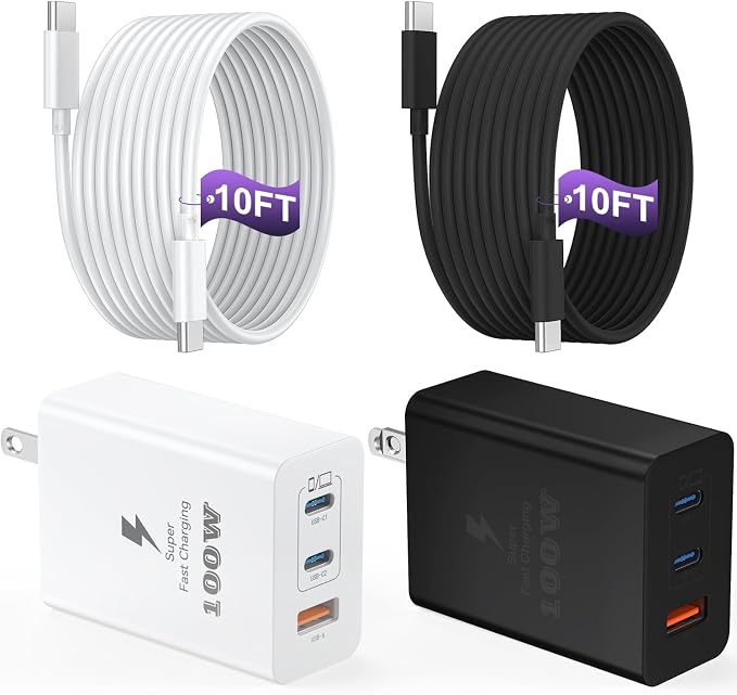 USB C Charger Block 100W, 3-Port GaN Super Fast Phone Charger, Type C 65W Laptop Chargers with 10ft USB C Charging Cable for MacBook Pro/Air,iPad Pro, iPhone 17/16/15Pro, S26 Ultra/S25/S24-Black+White by Auorld