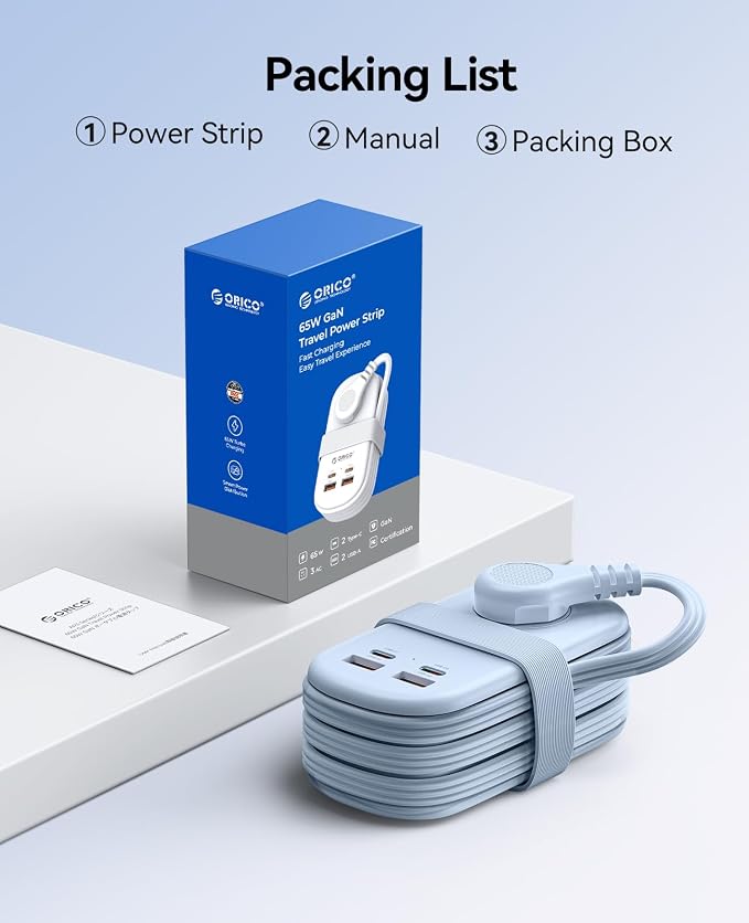 ORICO 65W GaN Travel Power Strip with Flat Plug and 4FT Extension Cord | 7-in-1 Charging Ports (3 AC Outlets/2 USB-A/2 USB-C), Fast Charger for MacBook Pro/Air, iPad Pro, iPhone 17/16/15- AP3 - Image 7
