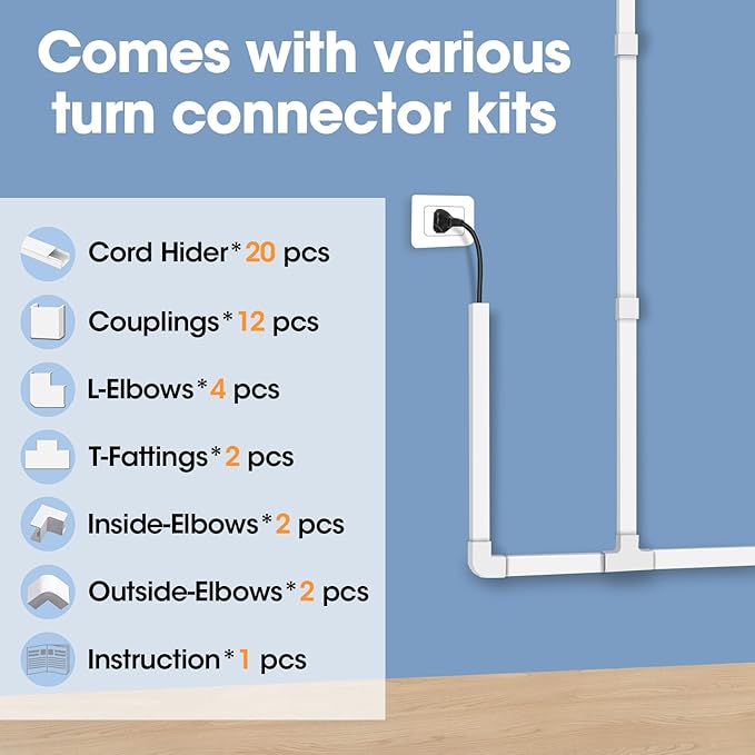 315in Cord Hider Kit, Cord Covers for Wires on Wall, Cord Hider for Wall Mount tv, tv Cable Hider Wall kit, Paintable Cable Raceway, Wire Covers for Cords, 20X L15.7in X W0.59in X H0.4in, White - Image 4