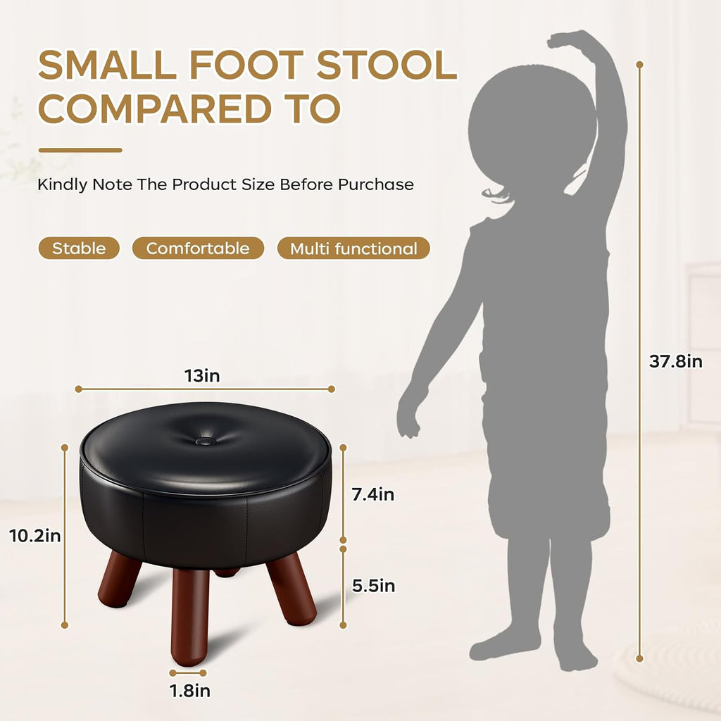 13in Small Round Foot Stool, Faux Leather Footrest, Black Footstool Ottoman - Image 3