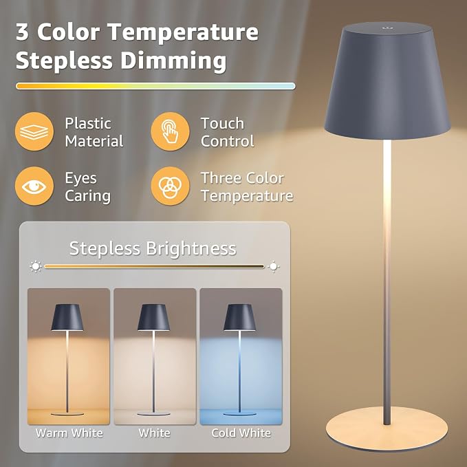 uuffoo 2 Pack Cordless Table Lamp Rechargeable 5000mAH Battery Operated Lights Touch Control LED Portable Desk Lamps 3 Color Dimming for Outdoor Coffee Bedroom Kitchen (Gray) - Image 3