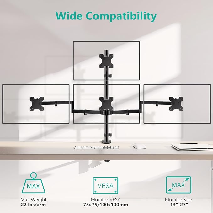 WALI Stacked 4 Monitor Mount for 13-27 inch Screens, up to 22 lbs per Arm | Quad Monitor Stand for Desk, Full Motion with Tilt, Swivel, Rotation, C-Clamp & Grommet Base, VESA 75/100mm (M004S), Black - Image 2