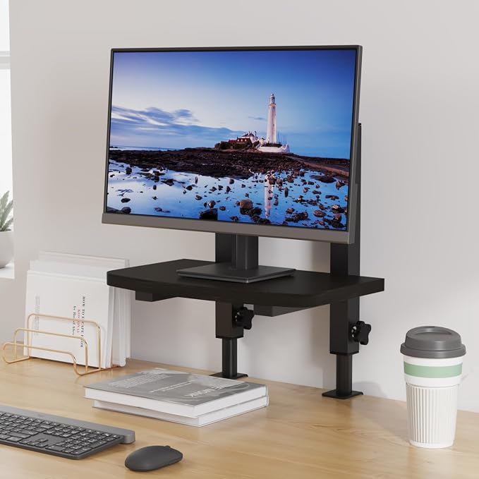 Adjustable Clamp-On Monitor Riser for Desk, Height Adjustable Monitor Stand with Space-Saving Design, Black MDF Shelf for Home Office, Workstation, and Study Setup (Black) - Image 5