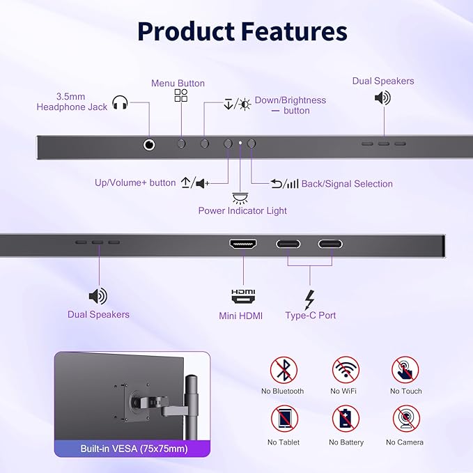 COOLHOOD 18.5 Inch FHD USB-C HDMI 120Hz Portable Monitor | Travel Portable Monitor for Laptop 、PC、PS5、Xbox, Portable Screen with Cover Stand, VESA Compatible - Image 5