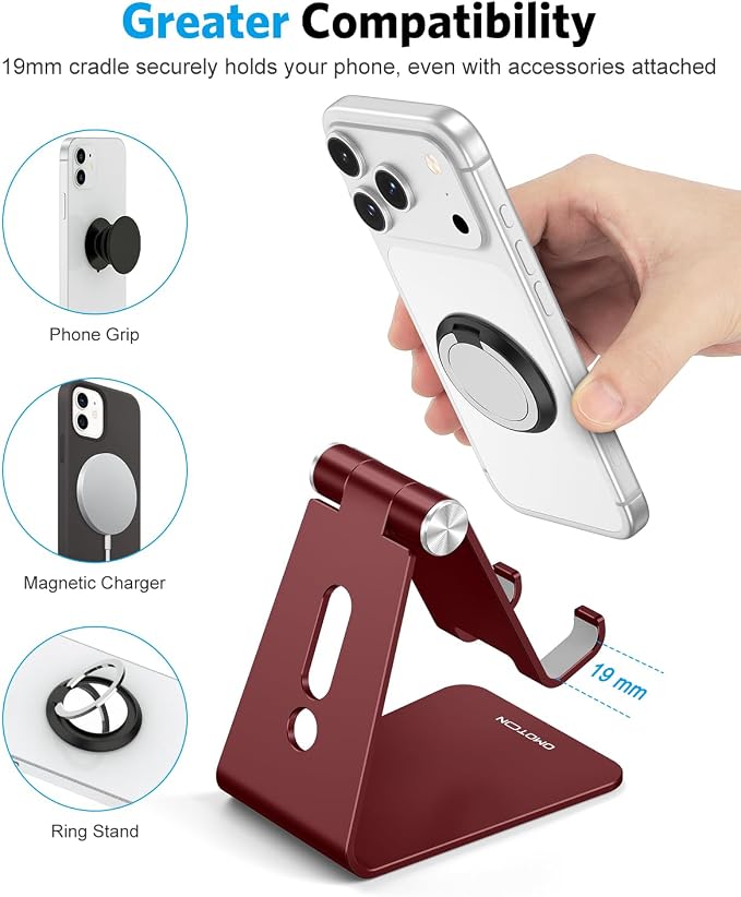 OMOTON C2 Adjustable Cell Phone Stand with Charging Cutout, Cherry Red | Sturdy 3mm Aluminum, Charging Port, 270° Adjustable, Non-Slip Silicone Pads, Works with Thick Cases, for All Smartphones - Image 5