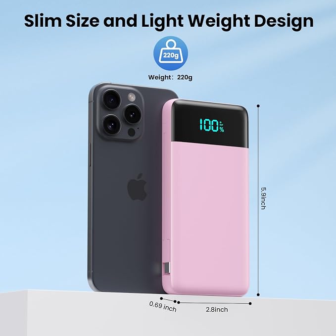 Portable Charger Power Bank for iPhone with Built-in Cables and AC Wall Plug, 13800mAh Ultra Slim Travel Essentials,USB C Fast Charging External Battery Pack for iPhone 17/16/13,Galaxy,Android-Pink - Image 5