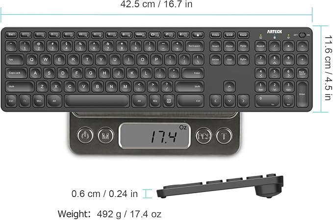 Arteck 2.4G Wireless Keyboard Ultra Slim Full Size Keyboard with Numeric Keypad and Media Hotkey for Computer/Desktop/PC/Laptop/Surface/Smart TV and Windows 10/8/ 7 Built-in Rechargeable Battery - Image 6