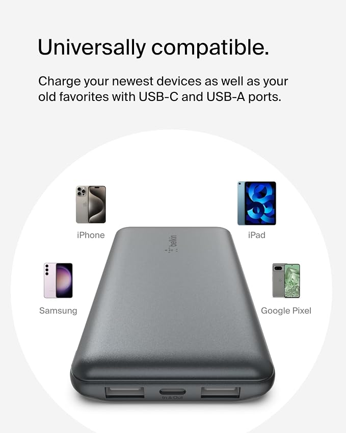 Belkin 10000mAh 15W 3 Port Power Bank, USB A to USB C Cable Included | Fast Charging, iPhone 17, Samsung Galaxy, Pixel, Airpods, iPad, Nintendo Switch 2, Battery Pack, USB C Port, USB A Port - Image 7