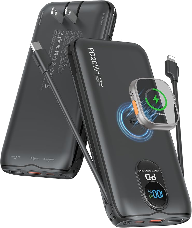 Portable Charger Power Bank 10000mAh PD20W w/Built-in Cables & AC Plug | Portable charger iphone,Fast charging, Built-in wall plug, LED display, Charge 6 devices at once, Pass through charging by LENGSUM