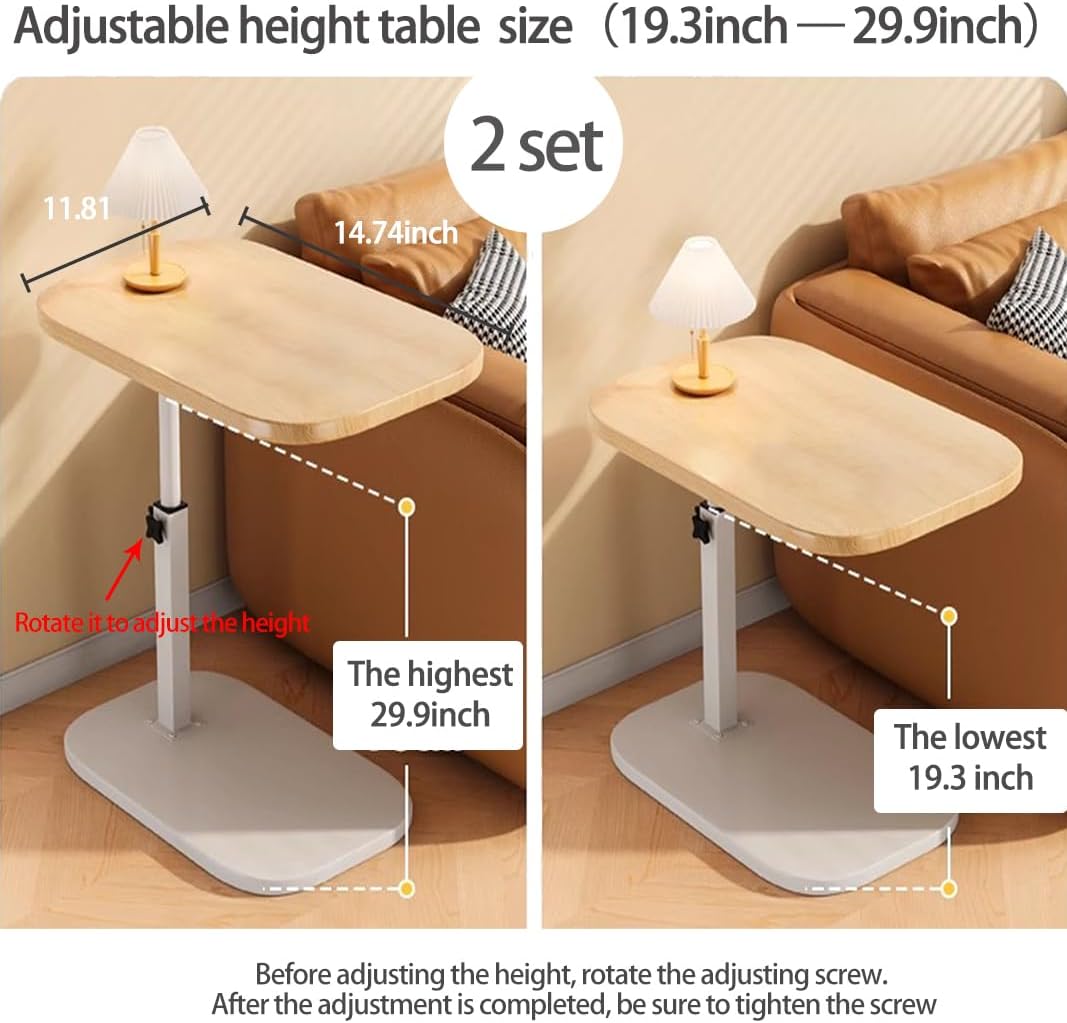 2 Set Pedestal Adjustable c Table for Small Spaces，C Shaped End Table Desktop can Turn 360° and the Height of the Sofa Small TV Tray Table Can be Adjusted for Couch - Image 2