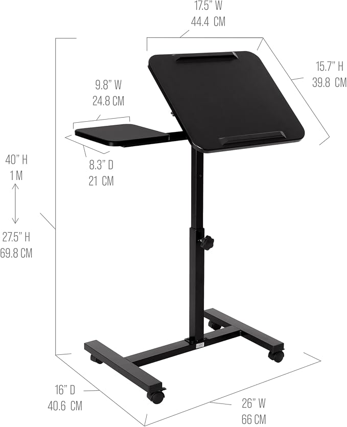 Seville Classics Airlift Height Adjustable Mobile Rolling Laptop Cart Computer Workstation Desk, Table for Home, Office, Classroom, Hospital, w/Wheels, Black, Tilt w/Side Table (28") (New Model) - Image 8